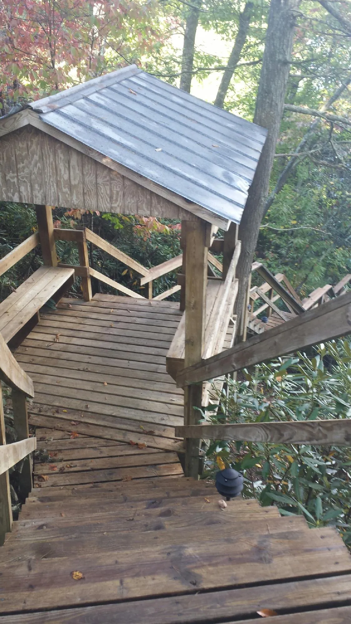 Metal roofed shelter over wooden steps on a wooded walkway — Skylight Repair & Installation work by our crew in Swan Valley